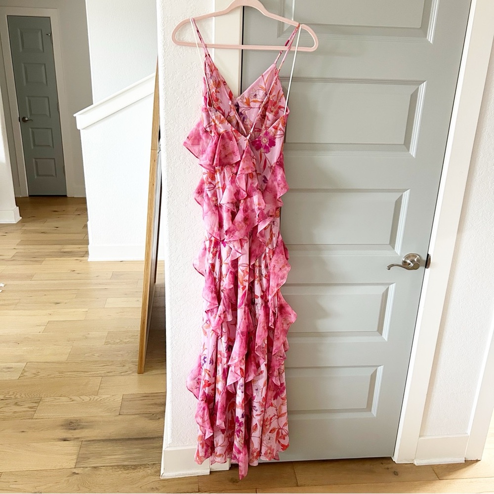 NWT MISA Damita Maxi Dress in Fire Florals Mix Pink Ruffle - Picture 6 of 10